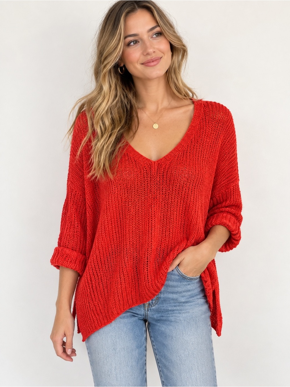 Versona Bright Red V-Neck Ribbed Sweater